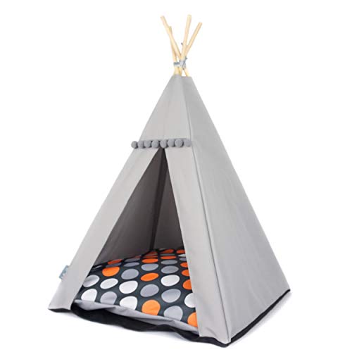 Halkalife Tipi für Katzen und Hunde mit Bommeln. Wasserdichtes Haustierzelt mit Rutschfester Basis. Hunde- und Katzenhaus. (Orangefarbene Punktefarbene Punkte, 55x55x82cm, Graues Zelt) von Halkalife