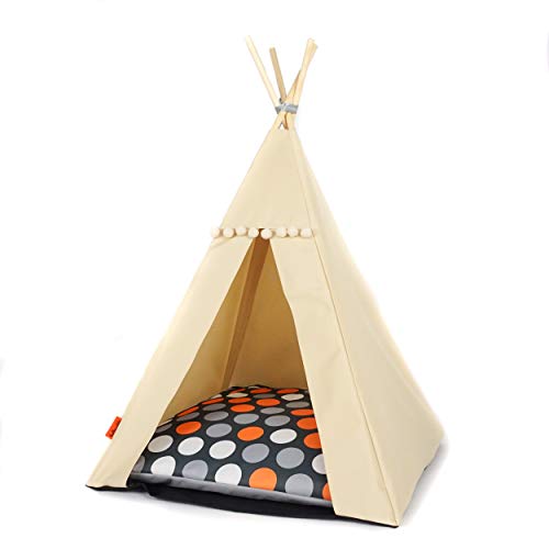 Halkalife Tipi für Katzen und Hunde mit Bommeln. Wasserdichtes Haustierzelt mit Rutschfester Basis. Hunde- und Katzenhaus. (Orangefarbene Punktefarbene Punkte, 65x65x94, Beiges Zelt) von Halkalife