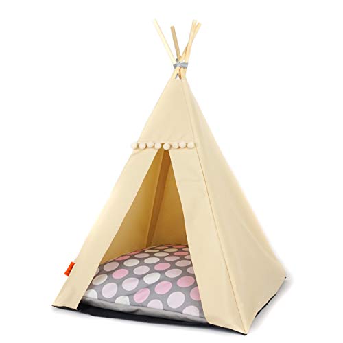 Halkalife Tipi für Katzen und Hunde mit Bommeln. Wasserdichtes Haustierzelt mit Rutschfester Basis. Hunde- und Katzenhaus. (Rosa Punkte, 65x65x94, Beiges Zelt) von Halkalife