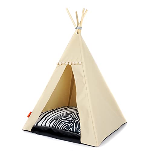 Halkalife Tipi für Katzen und Hunde mit Bommeln. Wasserdichtes Haustierzelt mit Rutschfester Basis. Hunde- und Katzenhaus. (Zebra, 65x65x94, Beiges Zelt) von Halkalife