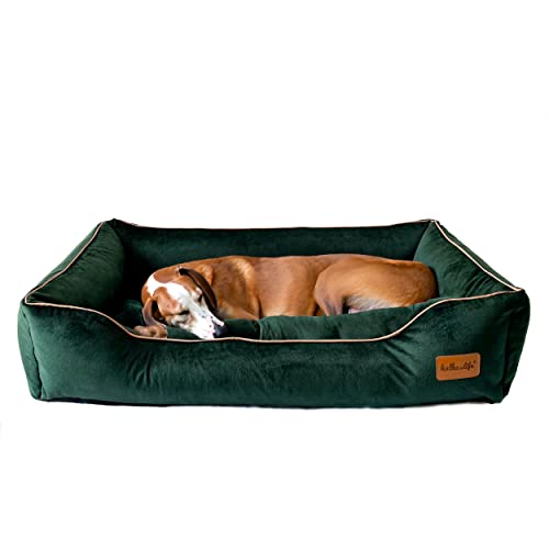 Halkalife Hundesofa – Hundebett – Hundebett mit hohen Seiten – Hundesofa aus Velours – abnehmbares Bett für einen großen Hund – waschbares Hundesofa (L (100x70x18 cm), Flaschengrün) von Halkalife