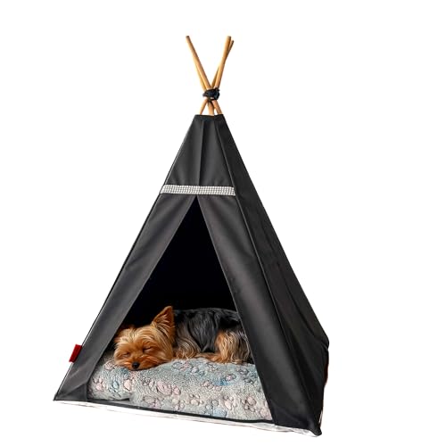 Katzenzelt mit Fleecedecke und Stabilisator – Zelt für einen kleinen Hund – wasserdichtes Glamour-Zelt für ein Haustier mit rutschfestem Boden – Hundebett waschen (55x55x82cm, Schwarzes Zelt, Schwarz) von Halkalife