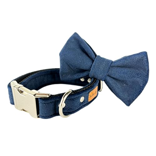 Hundehalsband aus Samt mit Fliege, verstellbares Hundehalsband, haltbares, weiches Hundehalsband mit Fliege (Marineblau, Metallschnalle, M) von Halkalife