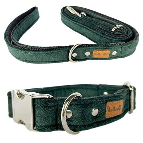 Hundeleine und Halsband – Set für einen Hund mit Leine und Halsband – Doppellagiges, Starkes Halsband mit Metall- oder Kunststoffschnalle (Flaschengrün, L (Metallschnalle)) von Halkalife