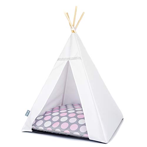 Tipi für Katzen und Hunde. Zelt für Katzen. Wasserdichtes Bett für Haustiere. Haus für Katzen. Zelt mit Abnehmbarer Abdeckung für Katzen. (65x65x92cm, Weißes Zelt, Pinke Punkte) von Halkalife