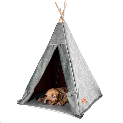 Tipi Zelt für einen kleinen Hund – Katzenzelt aus strapazierfähigem Material – weicher und abschließbarer Unterschlupf für Ihr Haustier – Katzenhaus und Hund mit Stabilisator (M (55x55x82 cm), Grau) von Halkalife