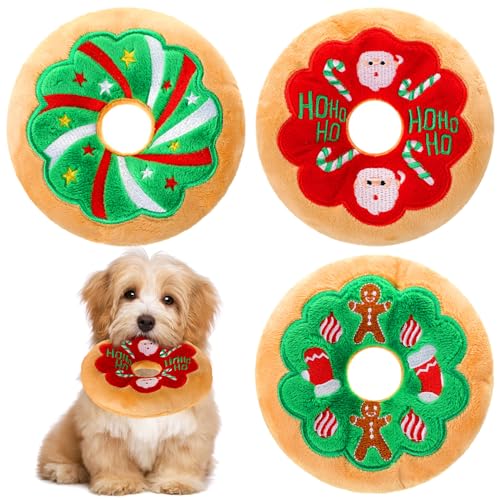 Halloscume 3 Stück Weihnachten Haustier Kauspielzeug Donut Quietschendes Plüsch-Hundespielzeug mit weichem Stoff, gefülltes Kauspielzeug für Hunde mit Quietscher für aggressive Kauer Hund Haustier von Halloscume