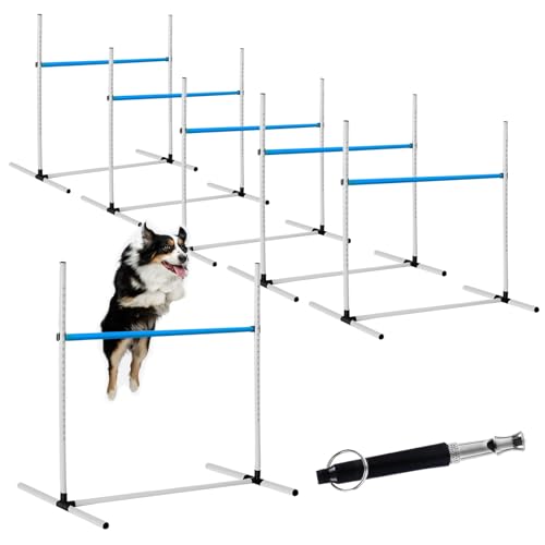 Halloscume Agility-Trainingsgerät für Hunde, 96,5 x 65,4 x 98,4 cm, verstellbare Hundehürden mit Hürden-Tasche und Pfeife für drinnen und draußen, Haustier-Hürdenlauf (blau und weiß), 6 Stück von Halloscume