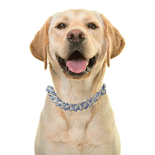 Halukakah Goldkette Iced Out für Große Hunde,Diamant Kubanische Halskette Kragen 14MM Platin Weißgold Überzogen Blau Diamanten 40cm Größe mit KOSTENLOSER Geschenkbox,Nur Dekoration von Halukakah