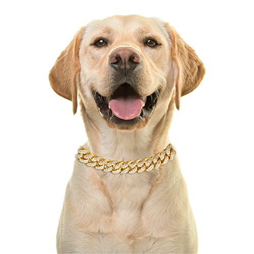 Halukakah Goldkette Iced Out für Hund,Diamant Kubanische Halskette Kragen 14MM 18 Karat Echt Vergoldet 50cm Größe L mit KOSTENLOSER Geschenkbox,Nur Dekoration von Halukakah