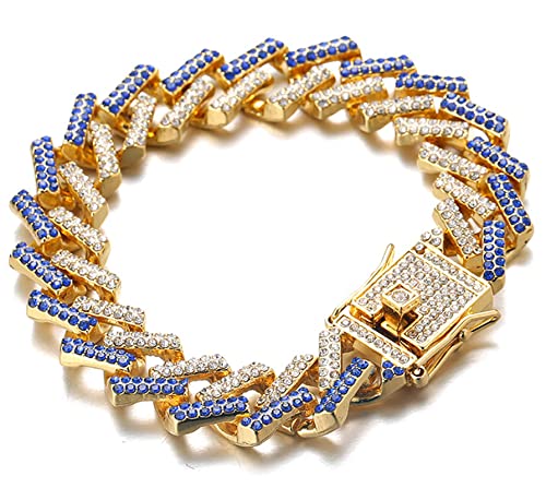 Halukakah Goldkette Iced Out für Katze,Diamant Kubanische Halskette Kragen 14MM 18 Karat Echt Vergoldet Blau Diamanten 20cm Größe mit KOSTENLOSER Geschenkbox,Nur Dekoration von Halukakah