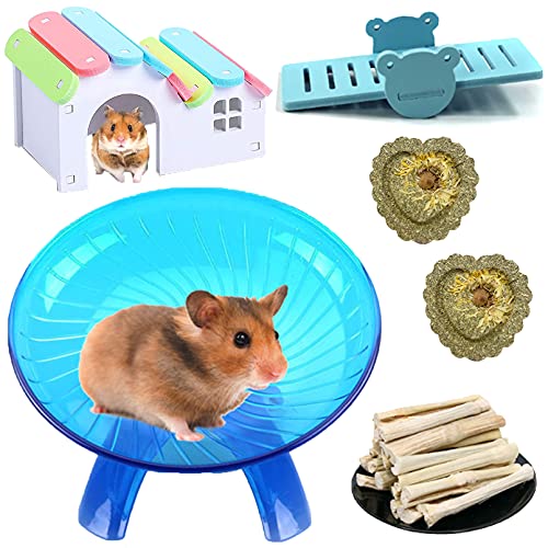 Hamiledyi Fliegende Untertasse für Hamster, geräuschloses Laufen, Übungsräder aus Holz, Regenbogen, Rennmäuse, Haus mit Wippe, Kauspielzeug für Zahnpflege, Kuchen, süße Bambus-Snacks für Zwergenmäuse von Hamiledyi