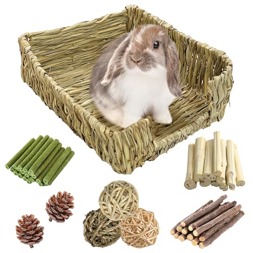 Hamiledyi Großes Kaninchengrasbett für Kaninchen, 21 Stück, Kauspielzeug, natürlich, handgefertigt, gewebte Heumatte, Hamster, Strohkorb, Kleintiere, Bettwäsche für Meerschweinchen, Chinchillas, von Hamiledyi