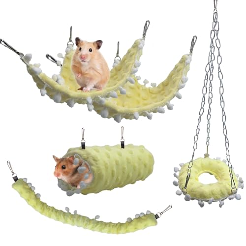 Hamiledyi Hamster Hängematte Kleintiere Hängend Warmbett Haus Gelbe Bohne Samt Fünfteiliges Set Rattenkäfig Nest Zubehör Spielzeug Hängetunnel und Schaukel für Zuckergleiter Eichhörnchen von Hamiledyi