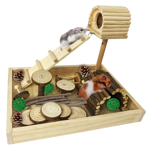 Hamiledyi Hamster-Kletterspielzeug mit Holzhaus und Verstecken, Obstholz, Kauspielzeug, Rennmäuse, Spielplatz, Aktivitätsset mit Leiter, Glocke, Roller, Futterschale für Zwerghamster, Rennmäuse, von Hamiledyi