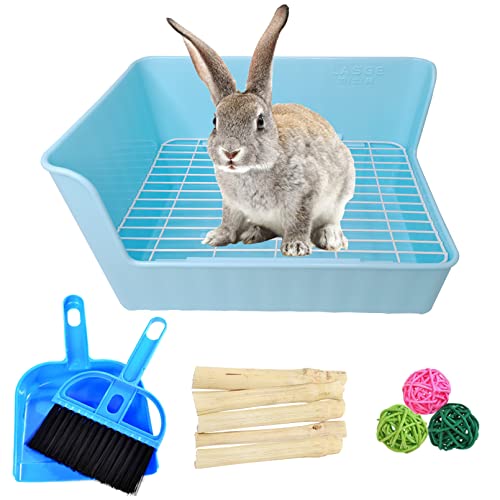 Hamiledyi Kaninchen Katzentoilette, Kunststoff, quadratisch, Kaninchen Käfig Töpfchen Trainer Ecke mit Kleintierkäfig Sauberer Besen Molar Süßer Bambus für Häschen, Chinchillas, Meerschweinchen (blau) von Hamiledyi