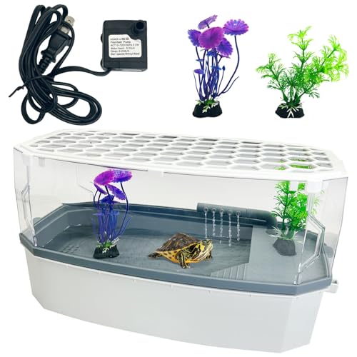 Hamiledyi Kleines Schildkröten-Tank-Set mit Deckel, Acryl-Schildkröten-Aquarium mit Wasserpumpe, Sonnenplattform, Bodenentwässerung, Multifunktionsbereich, Schildkröten-Lebensraum für Schildkröten, von Hamiledyi