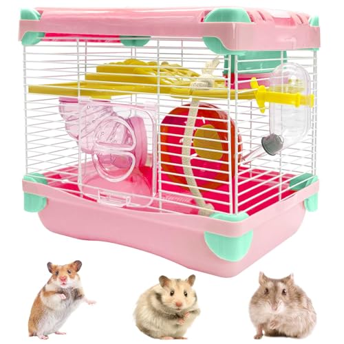 Hamiledyi Tragbarer Hamsterkäfig, 2-lagig, Zwerghamster, Lebensraum, Kleintierkäfig mit Laufrad, Wasserflasche, Hamstergehäuse, Mäuse, Rennmäuse oder andere kleine Haustiere, Rosa von Hamiledyi