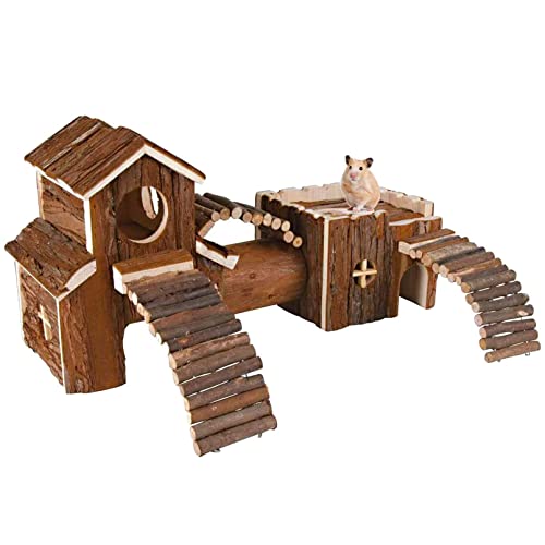 Natürlicher Holz-Hamster-Tunnel, Spielplatz, Kleintiere, Mehrraum-Versteckhäuser, Häuser mit Kletterleitern und Brücke für Zwerghamster, Mäuse und andere Kleintiere, 47 x 22 x 15 cm von Hamiledyi