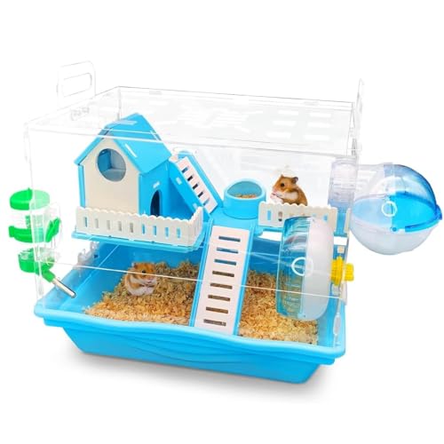 Tablett-Typ Hamsterkäfig 2-stöckiger Rattenkäfig Acrylvilla inklusive Wohn- und Spielbereich mit Multifunktions-Zubehör Kleintier-Reisekäfig Lebensraum für Hamster, Rennmäuse, Mäuse (blau) von Hamiledyi