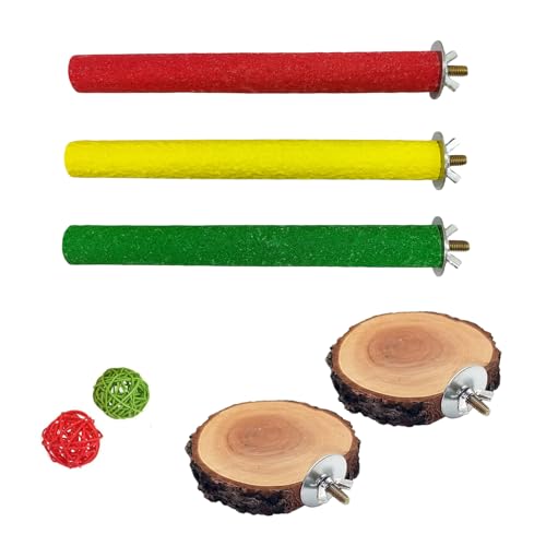 Vogel-Ständer für Papageien, Sand und Pfoten, Schleifstab, natürliches rundes Holz, Plattform, Futterspielzeug, Rattan-Ball, Käfigzubehör für Nymphensittiche, Wellensittiche, Sittiche, Sittiche, Sittiche, Sittiche, Sittiche, Sittiche, Sohnvögel, zufällige Farbe (7 Stück) von Hamiledyi