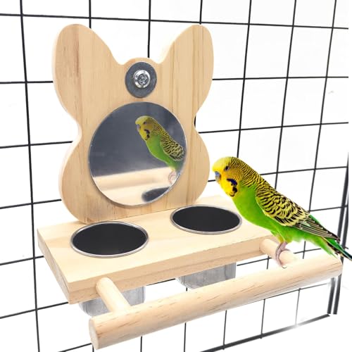 Vogelspielzeug Papageien-Sitzstange mit Spiegel und Edelstahl-Futterschalen für Sittiche, Käfigschaukel, Holzspiegel, lustiges Spielspielzeug für Vögel, Lovebird Conures Nymphensittiche von Hamiledyi