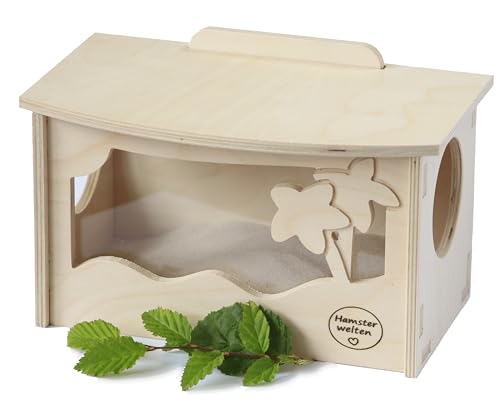 Hamsterwelten Hamster-und Mäuse Badehaus Tropical Spa - Sandbad aus Holz mit abnehmbarem Deckel und Abnehmbarer Scheibe von Hamsterwelten