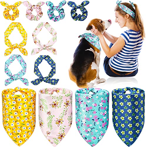 12 Stück Hundehalstuch und passendes Haargummi-Set, inklusive 4 Blumen-Hunde-Schal-Lätzchen, 4 Sommer-Fliegen, 4 Halstuch, Hund und Besitzer, Outfits für kleine Welpen, Hunde und Haustierbesitzer von Hanaive