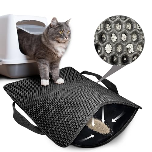 Hanbramo Katzenklo Matte, 61x38 CM Honeycomb Double Layer Non-Slip Katzenstreumatte, Wasserdicht und Urin Proof Katzenmatte Katzenklo für Litter Catcher -Cat Litter Mat Streu Kontrolle [Schwarz] von Hanbramo