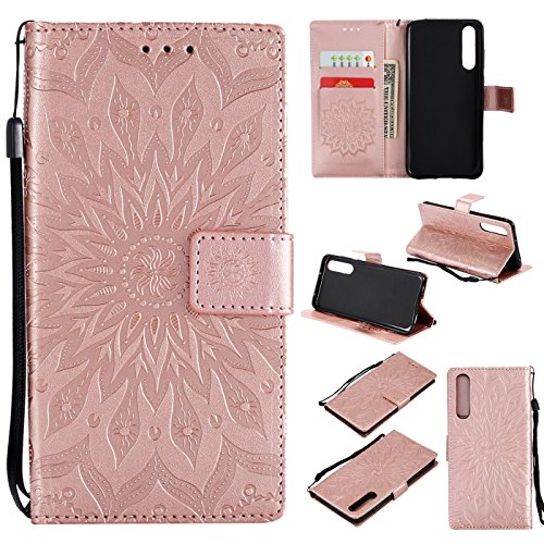 Hancda Hülle für Huawei P20, Leder Hülle Flip Case Handytasche für Huawei P20 Handy Hüllen Lederhülle Slim Dünn Silikon Case Schutzhülle Leder Schale Magnet Cover für Huawei P20,Blumen Rose Gold von Hancda