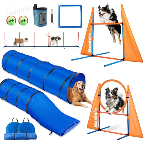 Handnam Dog Agility Course Backyard Set, 2 Agility Tunnel, 2 Jumps, 6 Weave Poles, Pause Box & More, Dog Hindernis Course Kit für Indoor und Outdoor von Handnam