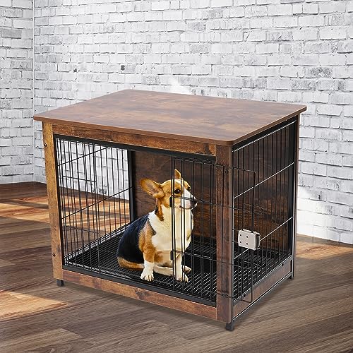 Großer Hundekäfig auf DREI Seiten sichtbar Holz Hundezwinger Hundekistenmöbel mit dichtem Boden Mesh Hundezwinger Indoor Hundehütte mit abnehmbarem Boden Tablett, 80 * 55 * 65cm, 66kg belastbar von Hanmorfarbi