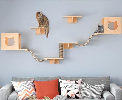 Hanured® Kletterwand Katzen, Katzen Kletterwand Set aus Kiefernholz, mit 2 Katzenhaus, 4 Katzen Sitzstangen 1 Kratzbaum, Wandpark für Hauskatze zum Klettern & Entspannen von Hanured