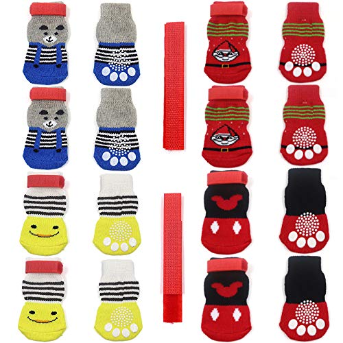 4 Paar rutschfeste Hundesocken & Katzensocken mit Gummiverstärkung und 8 kleinen Riemen, Haustierpfotenschutz für Hartholzböden, Innenkleidung Stil 2 (L) von Haohai