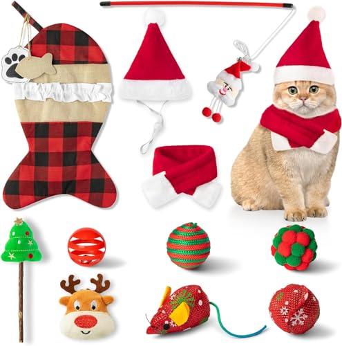 Haooryx 11Stück Weihnachten Katze Strumpf Spielzeug Kostüme Interaktives Geschenk Set Santa Hut Schal Teaser Wand Mäuse Hirsch Glocken Kugeln Xmas Baum Hanging Burlap Plaid Fisch Socke für Haustier von Haooryx