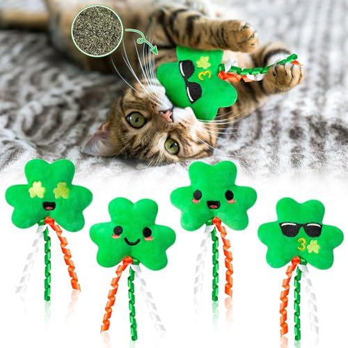 Haooryx 5Stück Klee St. Patrick's Day Catnip Spielzeug Geschenk Innen Katze Kauen Beißen Treten Kleeblatt Plüsch Katzenminze Haustier-Spielzeug Zubehör Kätzchen Liebhaber Geschenke von Haooryx