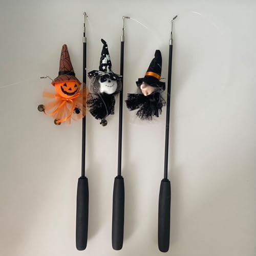 3er-Pack Halloween-Teleskop-Katzenstäbe – interaktives Angelrutenspielzeug mit Hexen- und Kürbis-Designs, ausziehbares Katzenstab-Set für Spaß und Bewegung von Haourlife