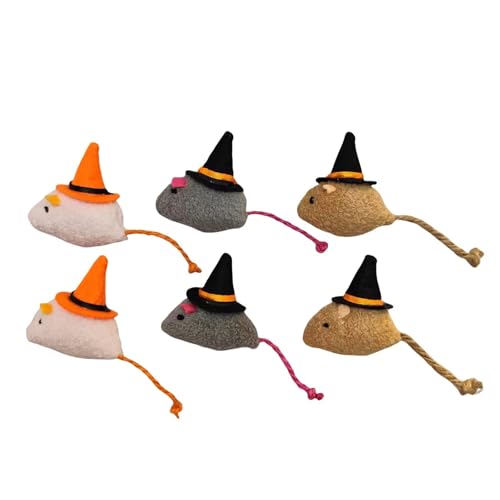 6er-Pack Halloween Katzenminze Mäuse Spielzeug mit Hexenhüte - Festliches Plüschmaus-Set für Katzen, perfekt für Halloween-Spielzeit - Rose Rote Ohren von Haourlife