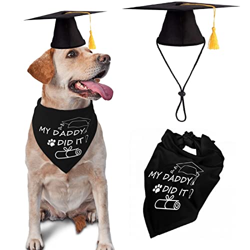 Hunde-Abschlusskappe und Bandana, mit gelben Quasten, Cosplay, Hundeabschluss, Outfits, Geschenke, Abschluss-Outfit für kleine, mittelgroße und große Hunde (Tassel-Mütze und "My Daddy Did It"-Bandana) von Haourlife