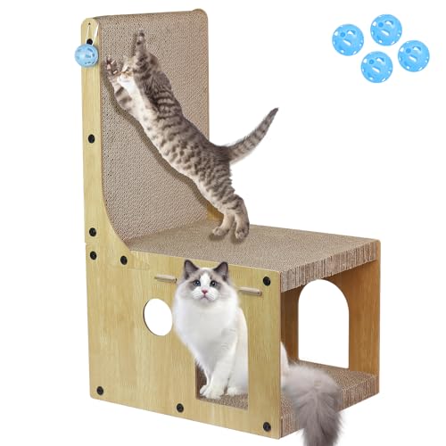 Kratzbrett Katzen Kratzpappe mit Katzenhaus Pappe - 65 cm hohe L förmige Kratzpad Lounge Wellpappe Katzenbaum Haus mit 4 Ballspielzeug Katzenkratzbrett Katzenhöhle für Indoor Katzen als Möbelschutz von Haphome