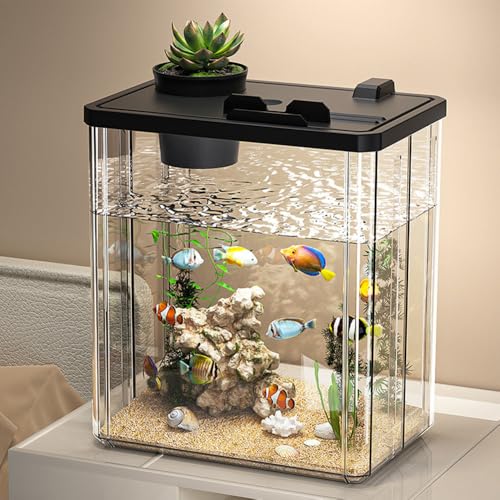 Hapihom Aquarium-Starter-Set, kleines Aquarium, Mini-Desktop, rechteckiges Aquarium mit Pumpe, LED-Licht, simulierte Wasserpflanzen, Fisch-Starter-Set, für Garnelen, kleine Fische, schwarz, mittel von Hapihom