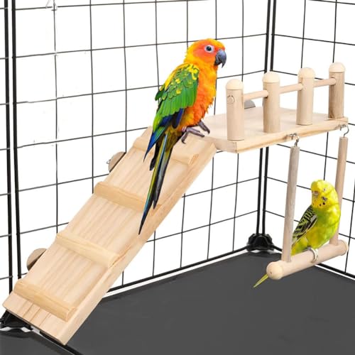 Hapihom Vogelspielzeug, Sitzstangen, Plattform und Schaukel mit Kletterleiter-Set, Papageien-Spielhallen aus Holz, Übungskäfig-Spielzeug für Grünwangen-Lovebird-Hamster Zeigen von Hapihom