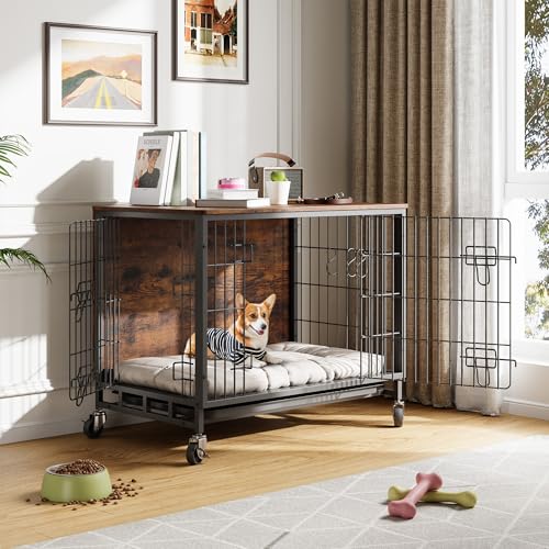 Hundekäfig Möbel, Hundebox mit 2 Türen & 4 Rädern, 83 x 56 x 64 cm Moderne Hundehütte Indoor mit Holz Tischoberfläche & Herausnehmbarer, Metall Hundezwinger Beistelltisch für mittlere kleine Hunde Hundekäfig Möbel, Hundebox mit 2 Türen & 4 Rädern, 83 x 56 x 64 cm Moderne Hundehütte Indoor mit Holz Tischoberfläche & Herausnehmbarer, Metall Hundezwinger Beistelltisch für mittlere kleine Hunde von Hapihom