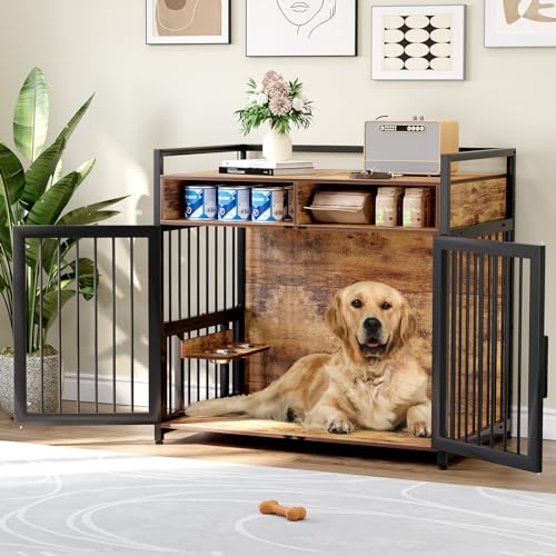 Hundekäfig Möbel für Große Hunde, 122 x 76 x 110 cm Hundebox aus Metall und Holz, Abschließbare Hundehütte mit 360 ° Drehbaren Hundenapf, geschlossener Boden, Beistelltisch für 1 große/2 kleine Hunde Hundekäfig Möbel für Große Hunde, 122 x 76 x 110 cm Hundebox aus Metall und Holz, Abschließbare Hundehütte mit 360 ° Drehbaren Hundenapf, geschlossener Boden, Beistelltisch für 1 große/2 kleine Hunde von Hapihom