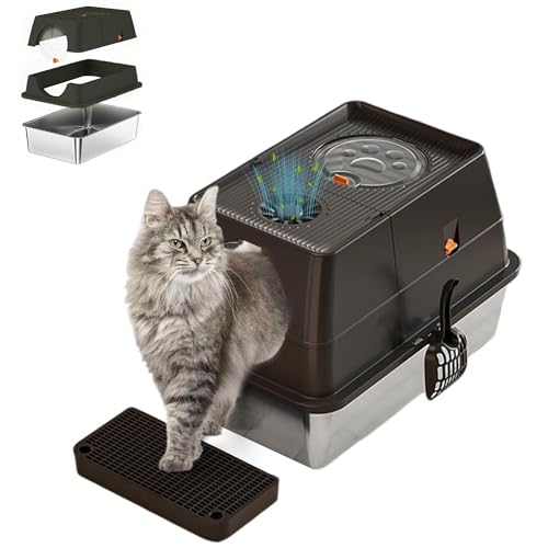 Katzenklo Edelstahl, Katzentoilette Geschlossen mit Deckel, Schaufel & Matte, 2-in-1 Katzen Klo Hohe Rand mit 180° Klappe & Zwei Eingänge, Leicht zu Reinigen & Geruchshemmend 60 x 40 x 44cm Katzenklo Edelstahl, Katzentoilette Geschlossen mit Deckel, Schaufel & Matte, 2-in-1 Katzen Klo Hohe Rand mit 180° Klappe & Zwei Eingänge, Leicht zu Reinigen & Geruchshemmend 60 x 40 x 44cm von Hapihom