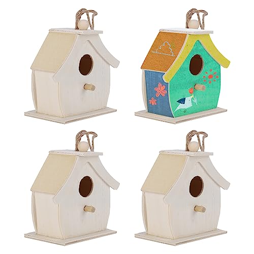 Hapivida Vogelhäuschen aus Holz, 4Pcs Mini Hänge Vogelnester Ornamente DIY Unfertiges Holz Vogelhaus Garten Balkon Hof für Kinder zum Bemalen, 7x4x7 cm von Hapivida