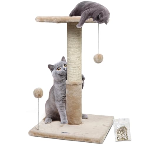 Happi N Pets 66CM Katzenkratzbaum, natürliche Sisal-Kratzbäume für Hauskatzen, Katzenbaum mit Plattform aus Plüsch 30 * 30 cm und Katzenspielzeugball, stabile Katzenkratzbäume für Kätzchen-Beige von Happi N Pets