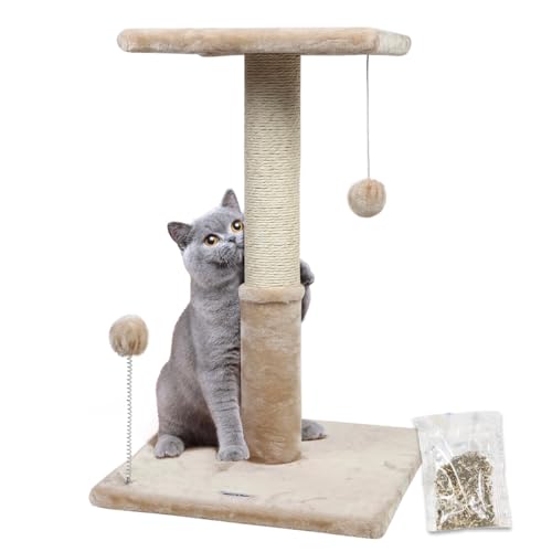 Happi N Pets 66CM Katzenkratzbaum, natürliche Sisal-Kratzbäume für Hauskatzen, Katzenbaum mit Plattform aus Plüsch 30 * 30 cm und Katzenspielzeugball, stabile Katzenkratzbäume für Kätzchen-Beige von Happi N Pets