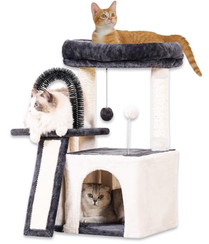 Happi N Pets katzenbaum klein, 76 cm Katzenbaumturm Mit Sisal-Seil Und Gemütliche Katzenstange, Großer Katzenhöhle, Mit Selbstpfleger Für Katzen, Stabil Aktivitätskratzbäume,hellgrau von Happi N Pets