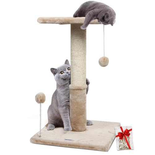 Happi N Pets Kratzbaum mit Sitzstange, 66 cm, Natursisal-Kratzbäume für Indoor-Katzen, mit hängenden Bällen und gemütlichem Katzenbett, stabile Kratzbäume für Kätzchen, Beige von Happi N Pets